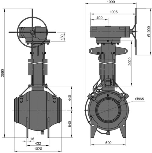Рис.1. Габаритные и присоединительные размеры крана шарового DN 500 PN 100 с ручным приводом для подземной установки